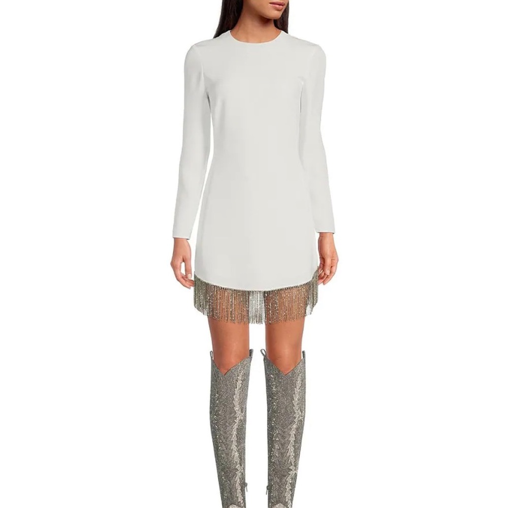 White Gianni Bini rhinestone fringe crew neck long sleeve dress